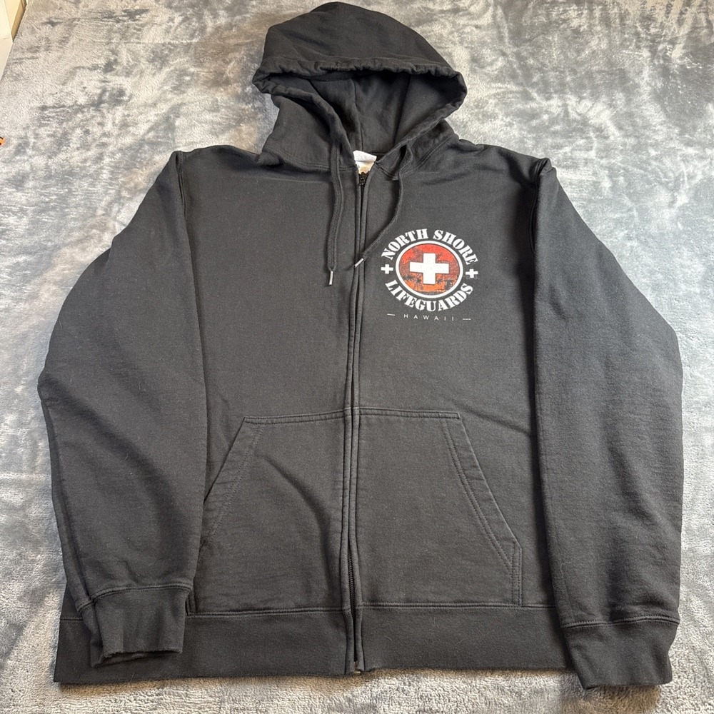 Port & Company North Shore Lifeguards Hawaii Zip Hoodie Black Red Graphic L